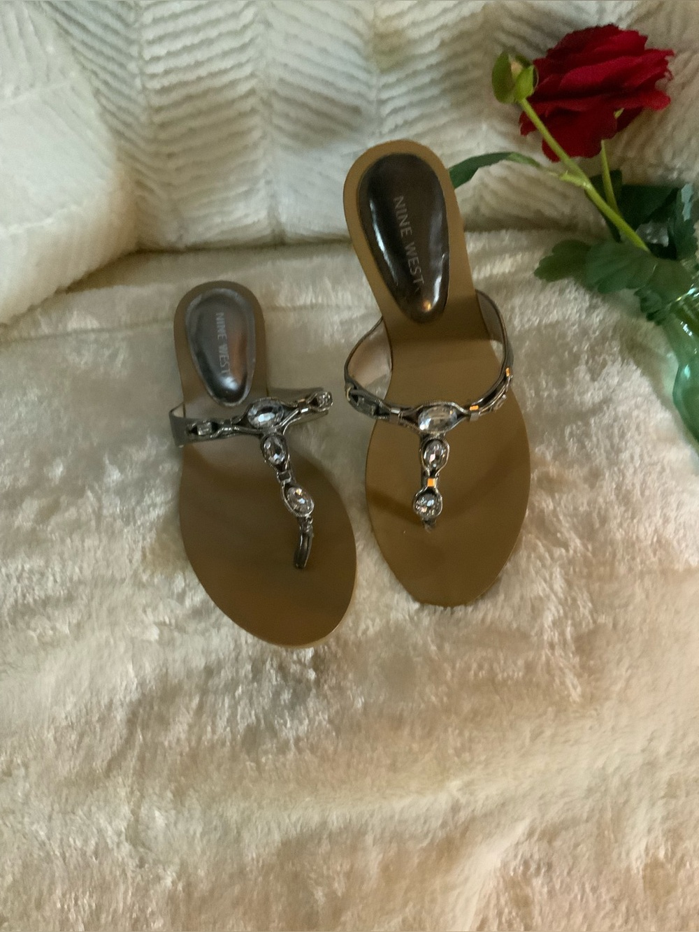 NWT Nine West Tan Jeweled T-Strap Flat Sandals